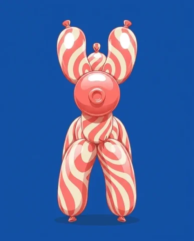 Retro Minimalist Balloon Dog Illustration 2 — Nano Banana AI Prompt: Crafted from glossy reflective balloon material featuring a coral pink and ivory...