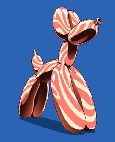 Retro Minimalist Balloon Dog Illustration 5 — Nano Banana AI Prompt: The background is solid flat cobalt blue visible in the gaps between balloon seg...