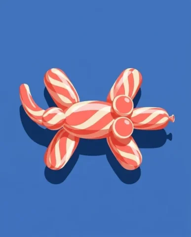 Retro Minimalist Balloon Dog Illustration 6 — Nano Banana AI Prompt: Crafted from glossy reflective balloon material featuring a coral pink and ivory...