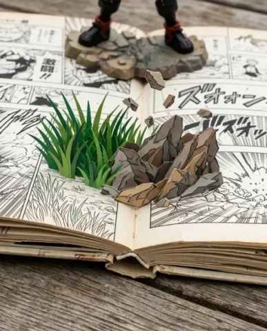 Pop-Up Book Manga Character Diorama 3 — Nano Banana AI Prompt: The transition from flat printed page to three-dimensional pop-up is the focal p...