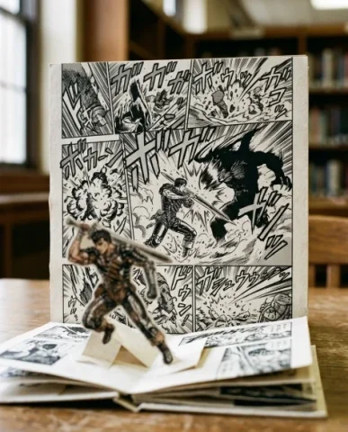 Pop-Up Book Manga Character Diorama 4 — Nano Banana AI Prompt: The character figure's feet are partially visible at the top of the frame, stand...