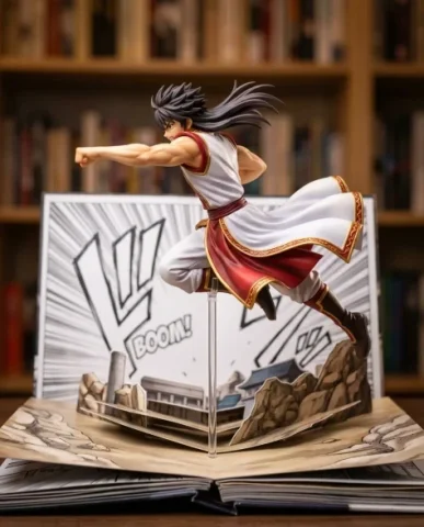 Pop-Up Book Manga Character Diorama 5 — Nano Banana AI Prompt: The backdrop stands vertically from the book's back pages — a printed manga art...