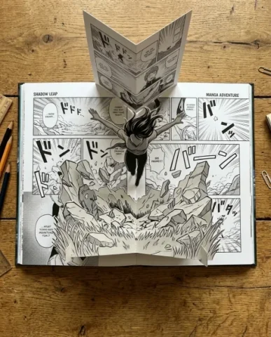 Pop-Up Book Manga Character Diorama 6 — Nano Banana AI Prompt: The white and crimson battle tunic billows backward from the forward motion, the...