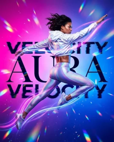 Dynamic Futuristic Athletic Fashion Advertisement 1 — Nano Banana AI Prompt: The background is a prism-shifting gradient from intense hot magenta to deep sap...