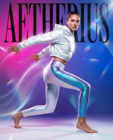 Dynamic Futuristic Athletic Fashion Advertisement 2 — Nano Banana AI Prompt: Luminous light trails from her previous jump arc are dissipating around her arms...