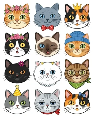 Whimsical Grid of Stylized Cat Faces 1 — Nano Banana AI Prompt: Each cat face is distinct and unique with its own individual color palette and d...
