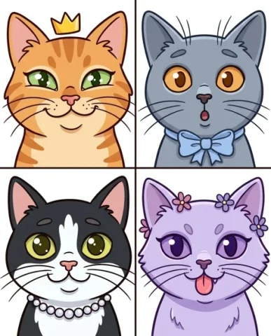 Whimsical Grid of Stylized Cat Faces 2 — Nano Banana AI Prompt: The upper-left cat is a warm orange tabby with bright green eyes, wearing a tiny...