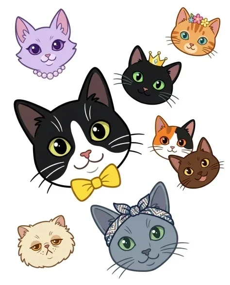 Whimsical Grid of Stylized Cat Faces 5