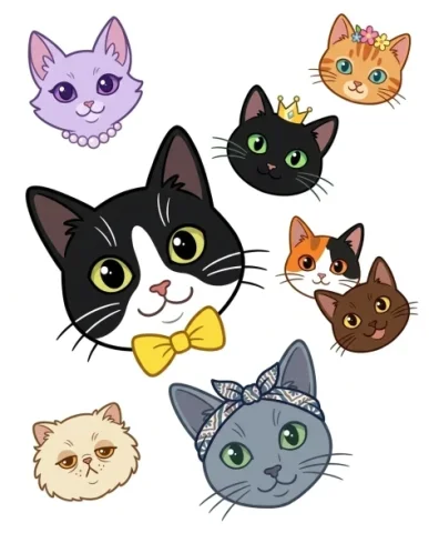 Whimsical Grid of Stylized Cat Faces 5 — Nano Banana AI Prompt: Russian with a patterned headband floats near the bottom-center. A tiny cream Pe...