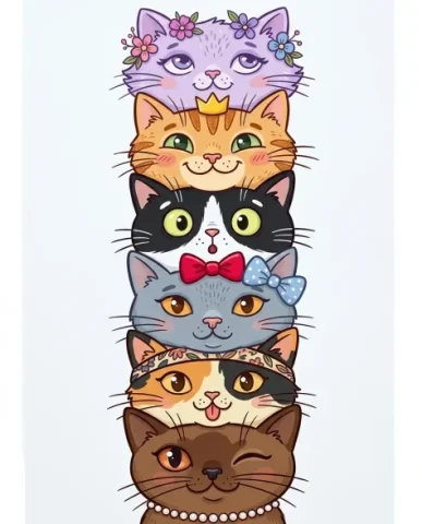 Whimsical Grid of Stylized Cat Faces 6 — Nano Banana AI Prompt: From top to bottom: a soft lavender fantasy cat with deep violet eyes and tiny b...