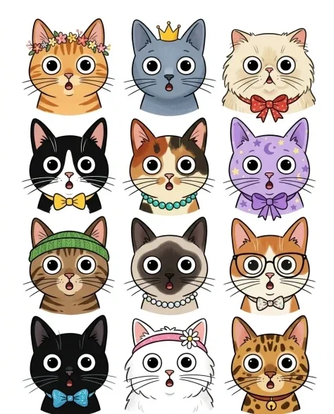 Whimsical Grid of Stylized Cat Faces 7