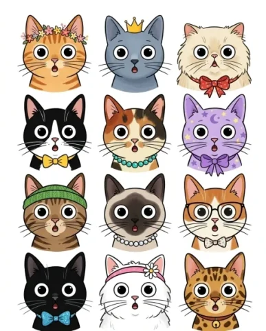 Whimsical Grid of Stylized Cat Faces 7 — Nano Banana AI Prompt: But all twelve faces share those same enormous startled eyes and surprised littl...
