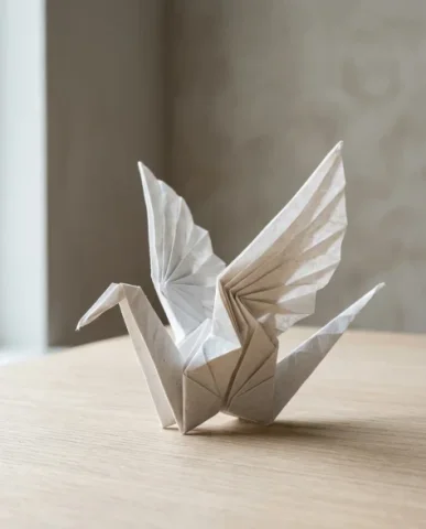 Hyper-Realistic Origami Sculpture on Minimalist Table 1 — Nano Banana AI Prompt: The crane is rendered with extremely detailed and precise folds — every crease s...