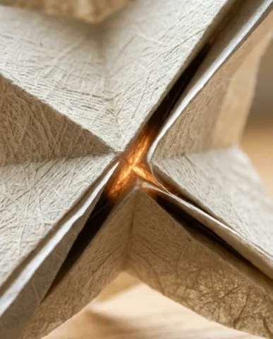 Hyper-Realistic Origami Sculpture on Minimalist Table 2 — Nano Banana AI Prompt: An extreme macro photograph of a single fold intersection on the origami sculptu...