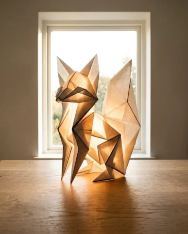 Hyper-Realistic Origami Sculpture on Minimalist Table 3 — Nano Banana AI Prompt: The silhouette is dramatic — the angular origami form outlined against the brigh...