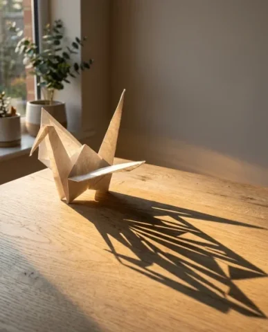 Hyper-Realistic Origami Sculpture on Minimalist Table 5 — Nano Banana AI Prompt: The sculpture itself is warmly lit on one side — the paper catching rich amber-g...