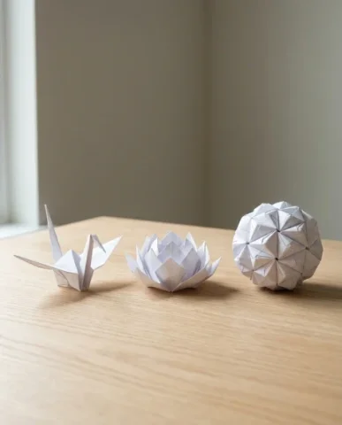 Hyper-Realistic Origami Sculpture on Minimalist Table 6 — Nano Banana AI Prompt: From left to right: a simple traditional crane with clean elegant folds, a moder...