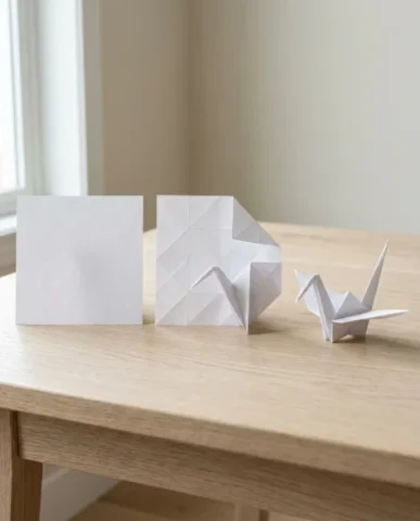 Hyper-Realistic Origami Sculpture on Minimalist Table 7 — Nano Banana AI Prompt: The partially folded paper shows the intermediate state — some crease lines alre...
