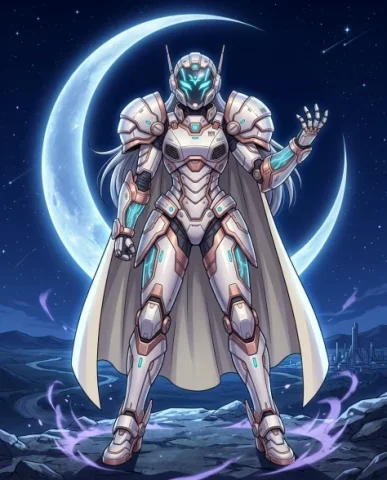 Mecha Armor Transformation Sequence with Combat Finale 6 — Nano Banana AI Prompt: An anime full-body reveal shot of the completely transformed female mecha warrio...
