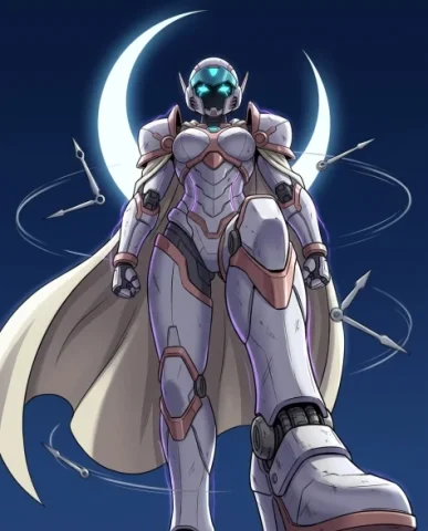 Mecha Armor Transformation Sequence with Combat Finale 7 — Nano Banana AI Prompt: An anime low-angle hero shot looking up at the fully armored female mecha warrio...