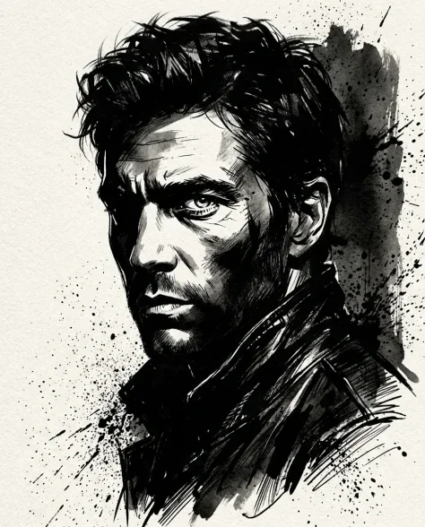 High-Contrast Ink Noir Portrait with Controlled Splatter 1