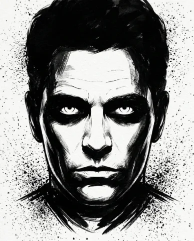 High-Contrast Ink Noir Portrait with Controlled Splatter 2 — Nano Banana AI Prompt: Both eyes emerge from deep black eye sockets as bright preserved negative space...