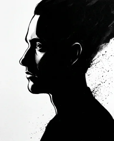 High-Contrast Ink Noir Portrait with Controlled Splatter 3 — Nano Banana AI Prompt: The profile creates a powerful silhouette — the entire far side of the face, nec...