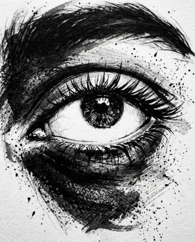 High-Contrast Ink Noir Portrait with Controlled Splatter 4 — Nano Banana AI Prompt: The eye is the sole subject — a bright oval of preserved white paper for the scl...
