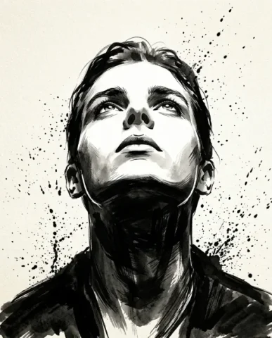 High-Contrast Ink Noir Portrait with Controlled Splatter 5 — Nano Banana AI Prompt: The upward tilt dramatically reshapes the shadow patterns — the forehead is now...