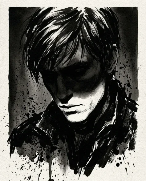 High-Contrast Ink Noir Portrait with Controlled Splatter 6