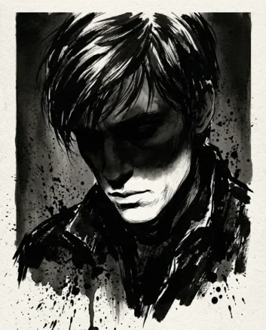 High-Contrast Ink Noir Portrait with Controlled Splatter 6 — Nano Banana AI Prompt: The downward tilt creates a composition where shadow consumes the upper face alm...