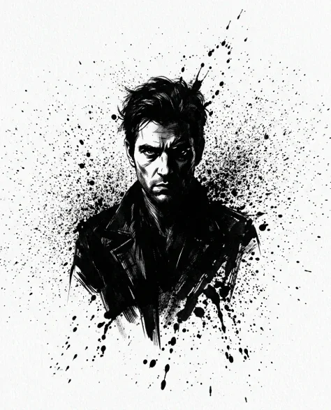 High-Contrast Ink Noir Portrait with Controlled Splatter 7