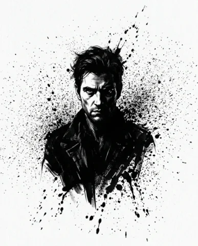 High-Contrast Ink Noir Portrait with Controlled Splatter 7 — Nano Banana AI Prompt: The composition achieves maximum narrative tension through concealment. Deep ric...