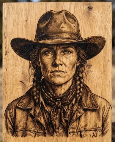 Western Frontier Pyrography Portrait on Natural Wood 1 — Nano Banana AI Prompt: The subject is rendered as a fearless frontier figure with a braided hairstyle,...