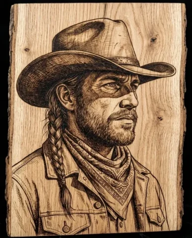 Western Frontier Pyrography Portrait on Natural Wood 2 — Nano Banana AI Prompt: An ultra-detailed Western frontier portrait engraved into natural wood in authen...