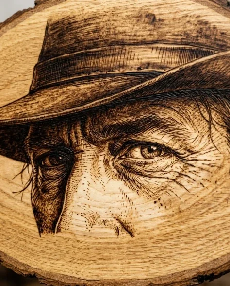 Western Frontier Pyrography Portrait on Natural Wood 3