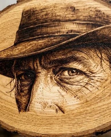 Western Frontier Pyrography Portrait on Natural Wood 3 — Nano Banana AI Prompt: An ultra-detailed Western frontier portrait engraved into natural wood in pyrogr...