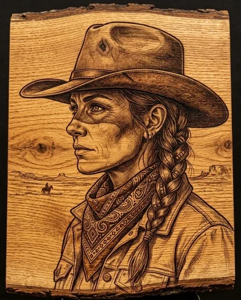 Western Frontier Pyrography Portrait on Natural Wood 4