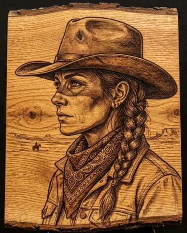 Western Frontier Pyrography Portrait on Natural Wood 4 — Nano Banana AI Prompt: An ultra-detailed Western frontier portrait as an extreme close-up on the eyes a...