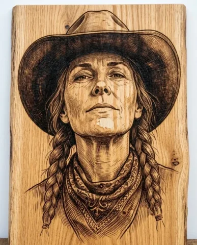 Western Frontier Pyrography Portrait on Natural Wood 5 — Nano Banana AI Prompt: The profile creates a distinctive Western silhouette — the wide-brimmed leather...