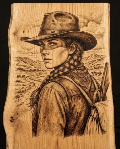 Western Frontier Pyrography Portrait on Natural Wood 6 — Nano Banana AI Prompt: An ultra-detailed Western frontier portrait from a low angle looking upward at t...