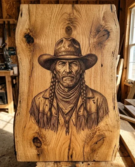 Western Frontier Pyrography Portrait on Natural Wood 7