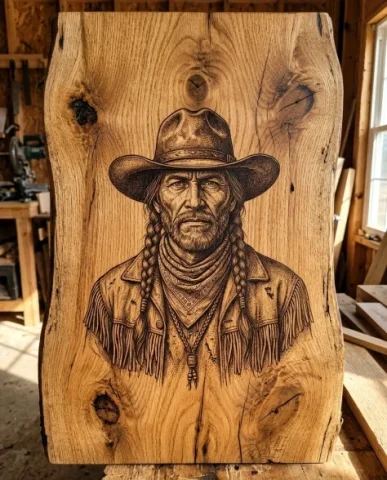 Western Frontier Pyrography Portrait on Natural Wood 7 — Nano Banana AI Prompt: An ultra-detailed Western frontier portrait with the figure turned slightly away...