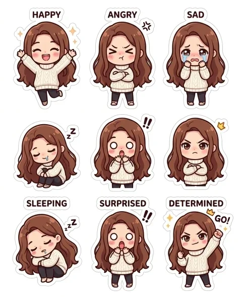 Chibi Anime Girl Sticker Sheet with Multiple Expressions 1