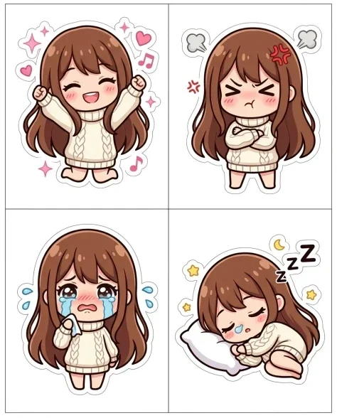 Chibi Anime Girl Sticker Sheet with Multiple Expressions 6