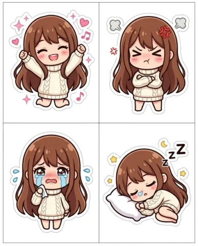 Chibi Anime Girl Sticker Sheet with Multiple Expressions 6 — Nano Banana AI Prompt: All four feature the same character with long flowing chestnut brown hair and co...
