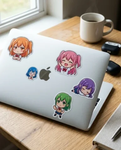 Chibi Anime Girl Sticker Sheet with Multiple Expressions 7 — Nano Banana AI Prompt: The laptop lid is a clean brushed aluminum surface photographed from a slight an...