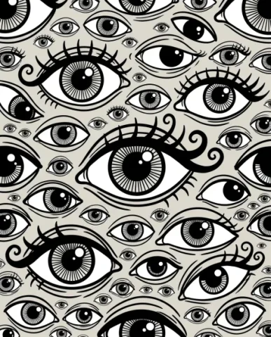 Dense Hand-Drawn Eye Pattern in Bold Black and White 1 — Nano Banana AI Prompt: The eyes are depicted in a wide variety of sizes and stylistic interpretations —...