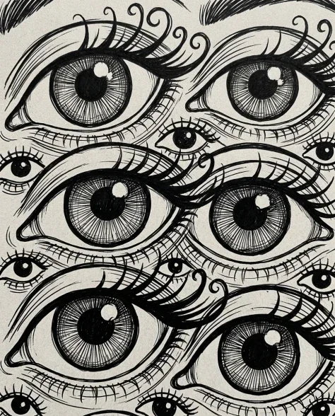 Dense Hand-Drawn Eye Pattern in Bold Black and White 2