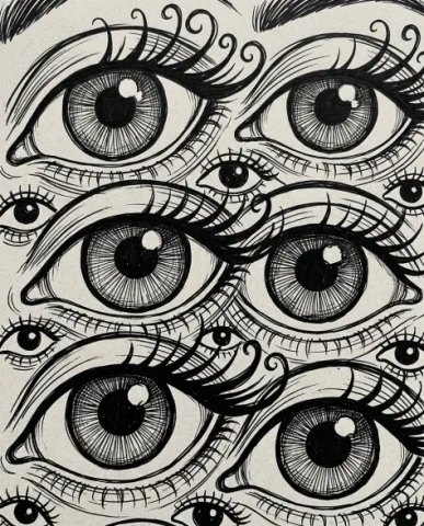 Dense Hand-Drawn Eye Pattern in Bold Black and White 2 — Nano Banana AI Prompt: The eyes are depicted in a wide variety of sizes and stylistic interpretations —...
